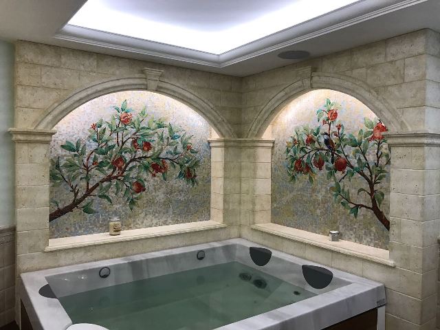 mastermozaik2's tweet photo. Мозаичное панно «Гранатовые ветки» из стеклянной мозаики создано в нашей мастерской специально для ванной комнаты. Яркие гранаты, тонкие ветви и игра стекла превращают интерьер в авторское пространство. Ручная сборка, эскиз разработан индивидуально. https://t.co/fRhJUQmQdY