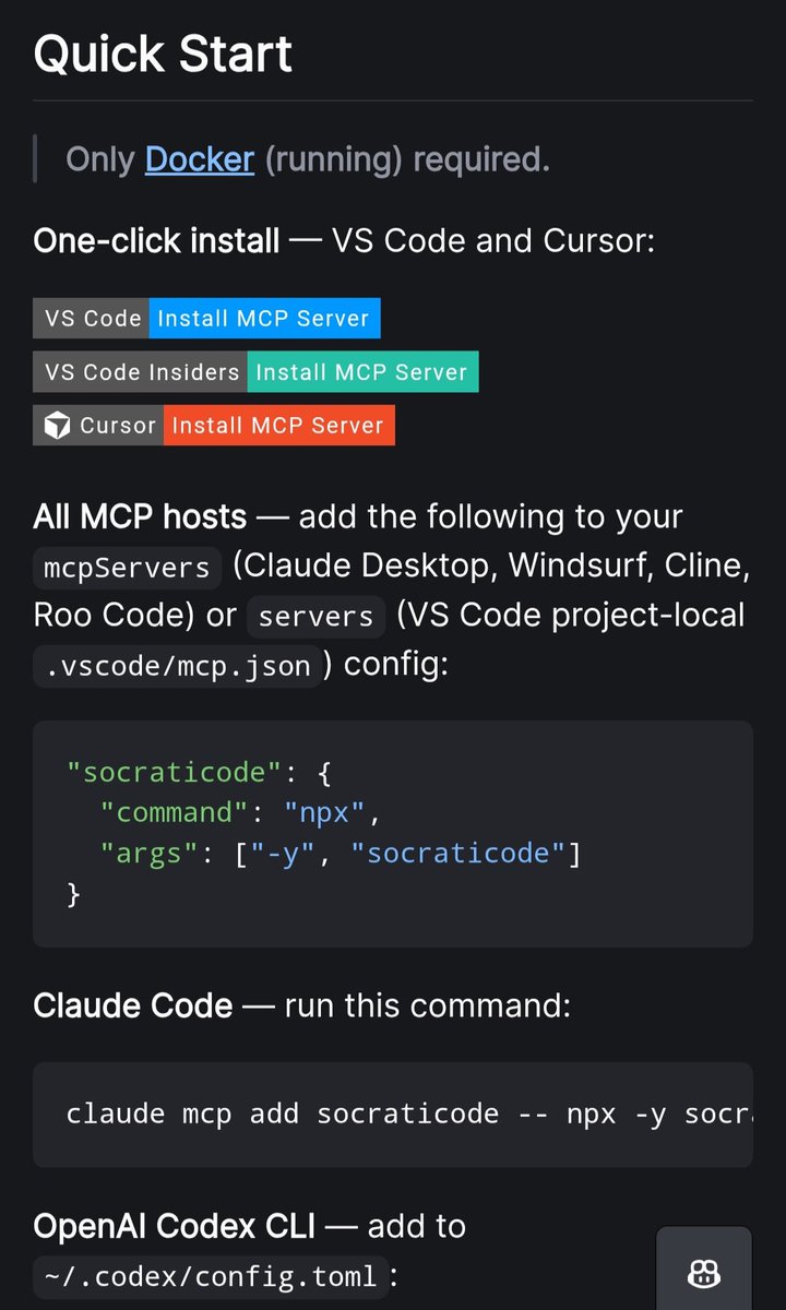 Suryanshti777's tweet photo. Damn this is insane 🤯
This open-source tool gives AI instant knowledge of your entire codebase.

It’s called SocratiCode.

Instead of making AI randomly read files or run endless searches, it builds an index of the entire repository.

So the AI already knows:

• where features are implemented
• how modules connect
• which files depend on each other
• where specific logic exists

Even in million-line codebases.

Setup is surprisingly simple.

All you need is Docker running.

Then install the MCP server in your editor.

Works with:

• VS Code
• Cursor
• Claude Desktop
• Windsurf
• Cline
• Codex CLI

And the install command is literally just:

npx -y socraticode

After that you can ask your AI things like:

• “How authentication works in this project?”
• “Where is rate limiting implemented?”
• “What depends on this module?”

And it finds the answer across the entire repo.

Pretty wild what AI dev tools are becoming.