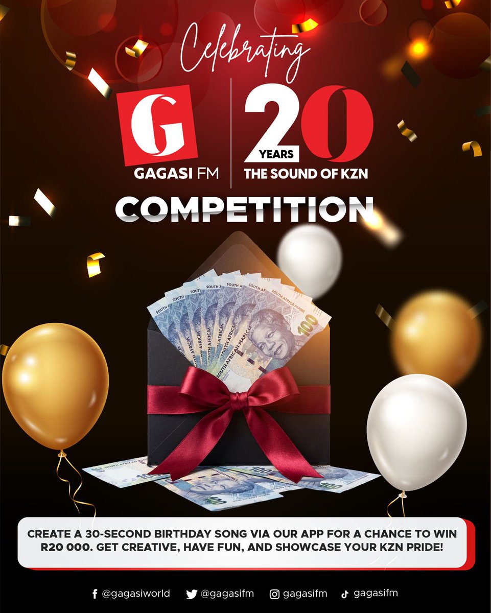 gagasifm's tweet photo. 🎵🎉 It’s our 20th birthday, and we are celebrating ngokuthi sinike wena ithuba to win BIG! 🥂
Ungazibeka ethubeni lokuwina 💰R20 000 cash, for being a loyal listener! 😀
Ukuze ungenele, record your version of a 30-second birthday song for Gagasi FM. 🎵 

You can humm it, rhyme it, sing it, or get your squad back you up. Have fun with it. Send your song to the Gagasi FM App 📱with the hashtag #MadeInKZN
Stay tuned to Gagasi FM on Friday, the 13th of March, on all primetime shows between 6am to 6pm. 

The shortlisted entries will go head-to-head for our Birthday quiz, and the winner walks away R20 000 richer, yebo uzwe kahle 20 stina cash!! Ngenela manje ungaphuthelwa! 🤞🎉
Celebrating 20 Years of The Sound of KZN
Ts&Cs apply

#MadeInKZN 
#GagasiFM 
#TheSoundOfKZN