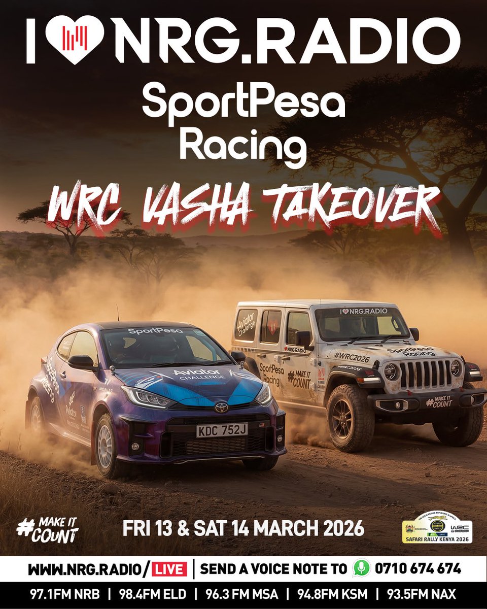 NRGRadioKenya's tweet image. VASHAAAA... We are coming through this FRIDAY and SATURDAY for the WRC. @SportPesa and the NRG Squad will be in town. Kuja na mbogi yako. Tuko na giveaways from @SportPesa as well. Keep it right here!! 🥳 #MakeItCount #SportpesaRacing #WRC2026 #NRGTakeover