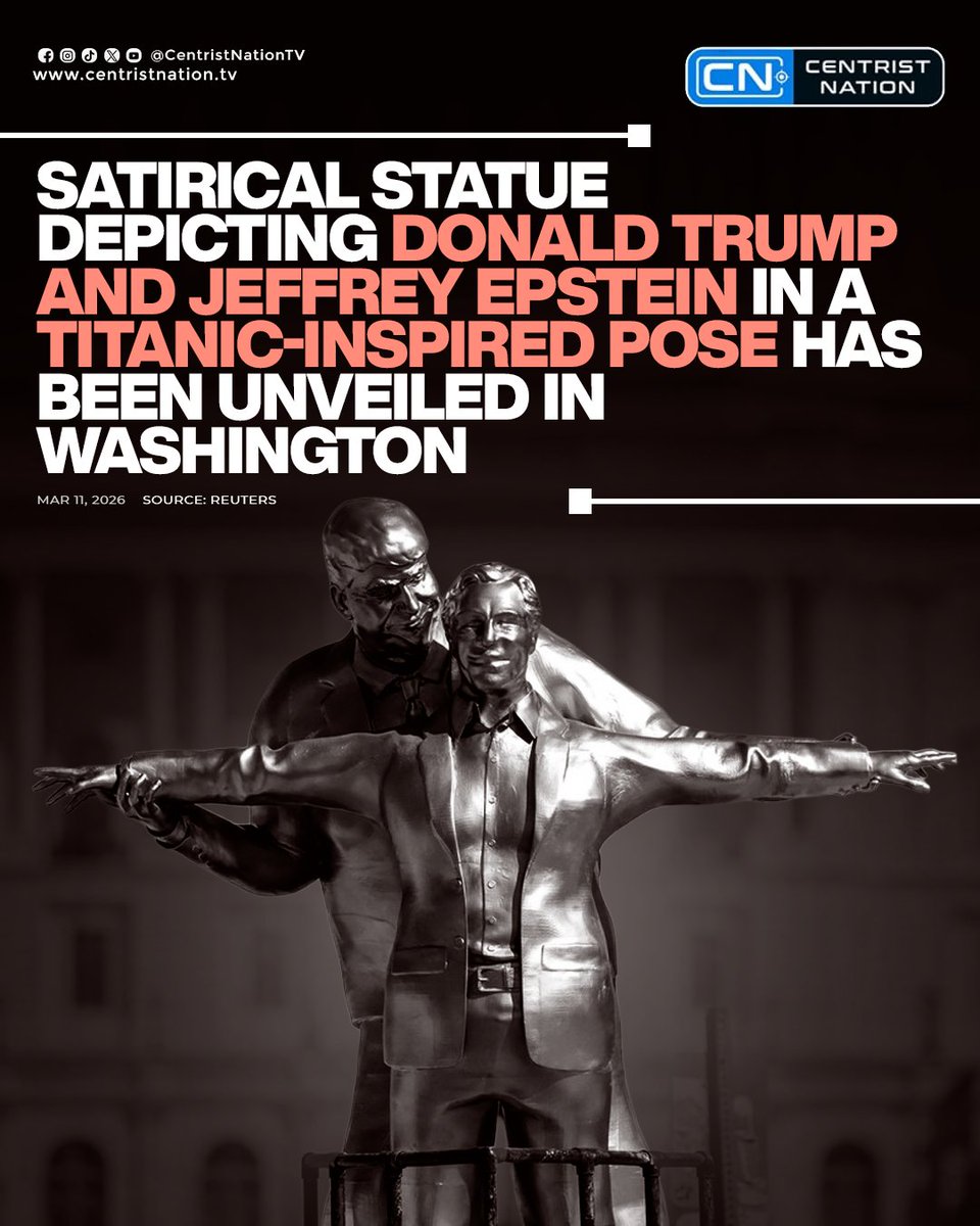 centristnattv's tweet photo. Satirical statue depicting Donald Trump and Jeffrey Epstein in a Titanic-inspired pose has been unveiled in Washington
#TrumpEpsteinStatue #TitanicPose #SatiricalArt #cnnews #centristnation https://t.co/FFfWjazPiP