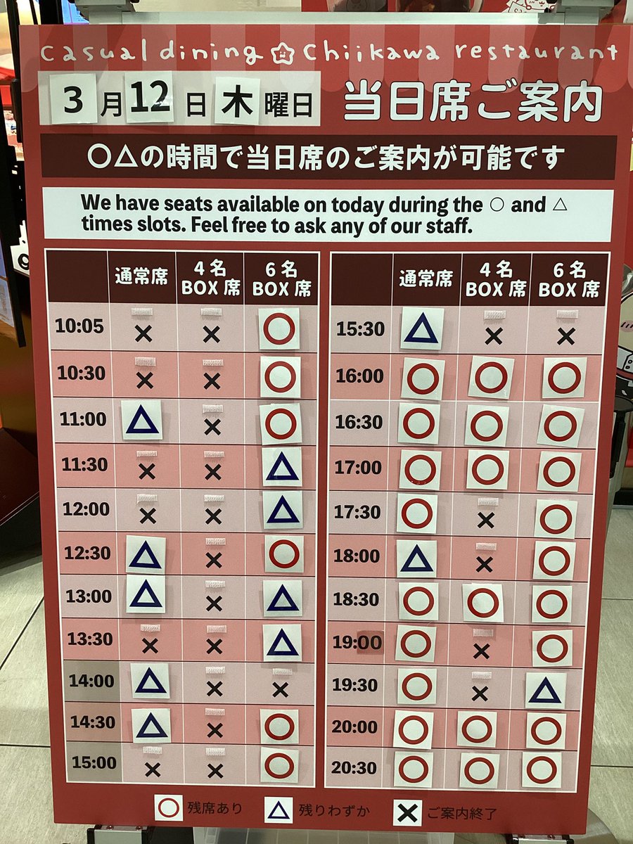 #ちいかわレストラン 沖縄PARCO CITY店🌺

3/12 （木）当日券のご案内

○△の時間でカフェの当日券をご用意しております🍒
ご希望のお客様は店頭スタッフへお声がけくださいませ☺️
なお、予定枚数に達し次第終了となりますので予めご了承くださいませ🙇‍♀️