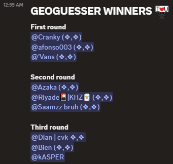 its been a while I'm waiting for 1st place on GeoGuessr at <a href="/ritualnet/">Ritual</a> , yeah finally i got that.
of course i'm really happy , cuz' so much fun to play this game, i hope i can join again next time.

especialy i'll thanks to host <a href="/jumplifey9/">Cranky</a> 

<a href="/ritualfnd/">Ritual Foundation</a>