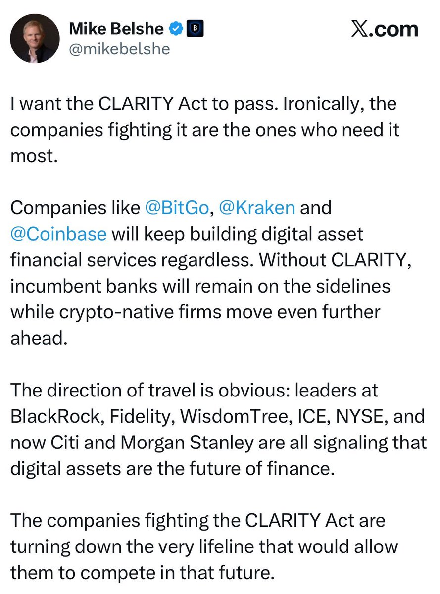 📌 비트고 CEO : "CLARITY Act에 반대하는 기업들은 생명줄을 거부하고 있는 셈"

"CLARITY Act가 통과되길 바랍니다. 아이러니하게도, 이를 가장 필요로 하는 기업들이 반대하고 있습니다."

"비트고, 크라켄, 코인베이스 같은 회사들은 CLARITY 여부와 상관없이 디지털 자산 금융 서비스를 계속