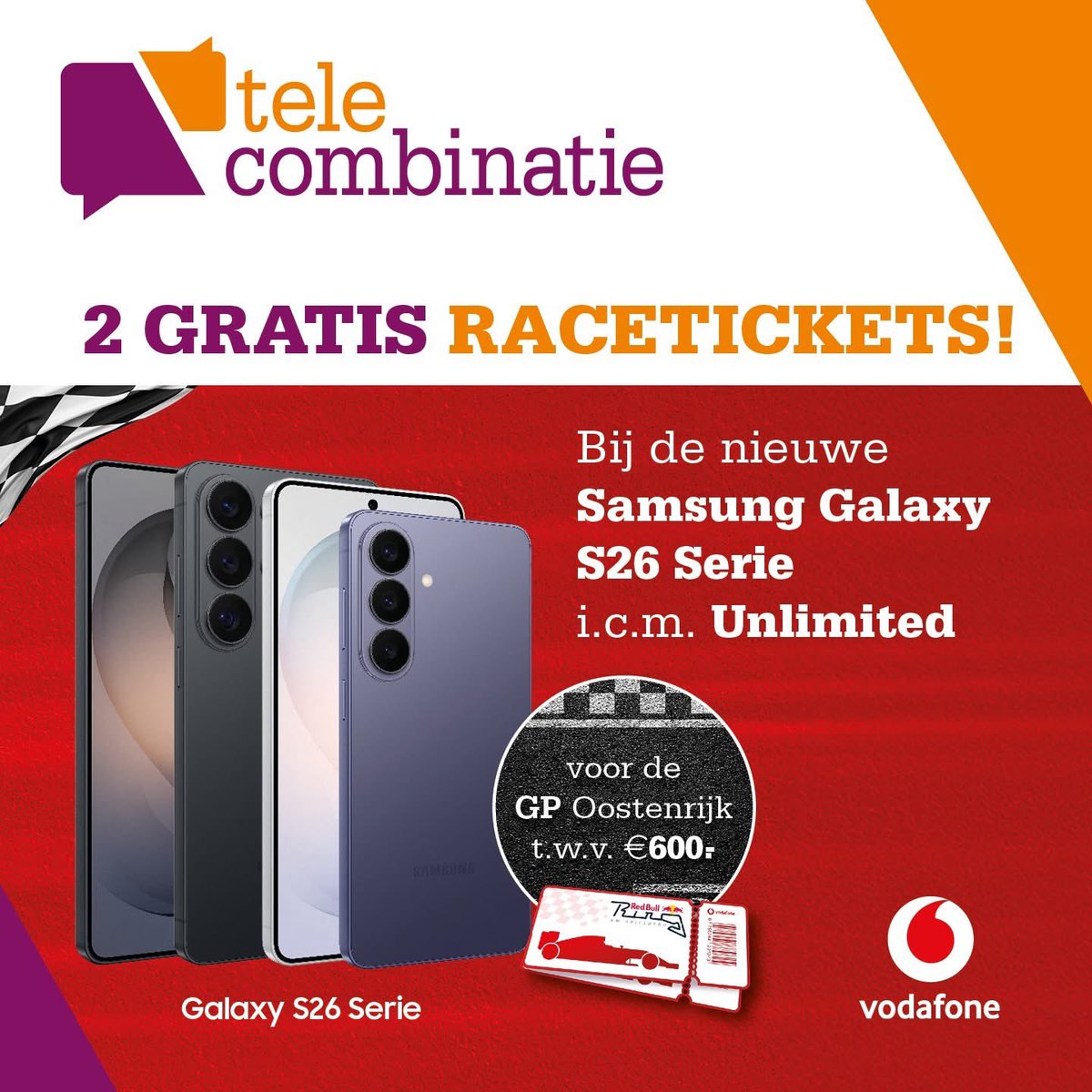 TC_Maas's tweet photo. Droom jij ervan om een Formule 1 weekend live mee te maken? Dit is je kans!💥Koop een Samsung Galaxy S26 i.c.m. Vodafone Unlimited abonnement &amp; ontvang 2 gratis weekendtickets voor de race in Oostenrijk.  3 dagen vol snelheid en spanning!🏎️
 https://t.co/JLRpTDsQWm
 #Formule1 https://t.co/J0JSaIcIZF