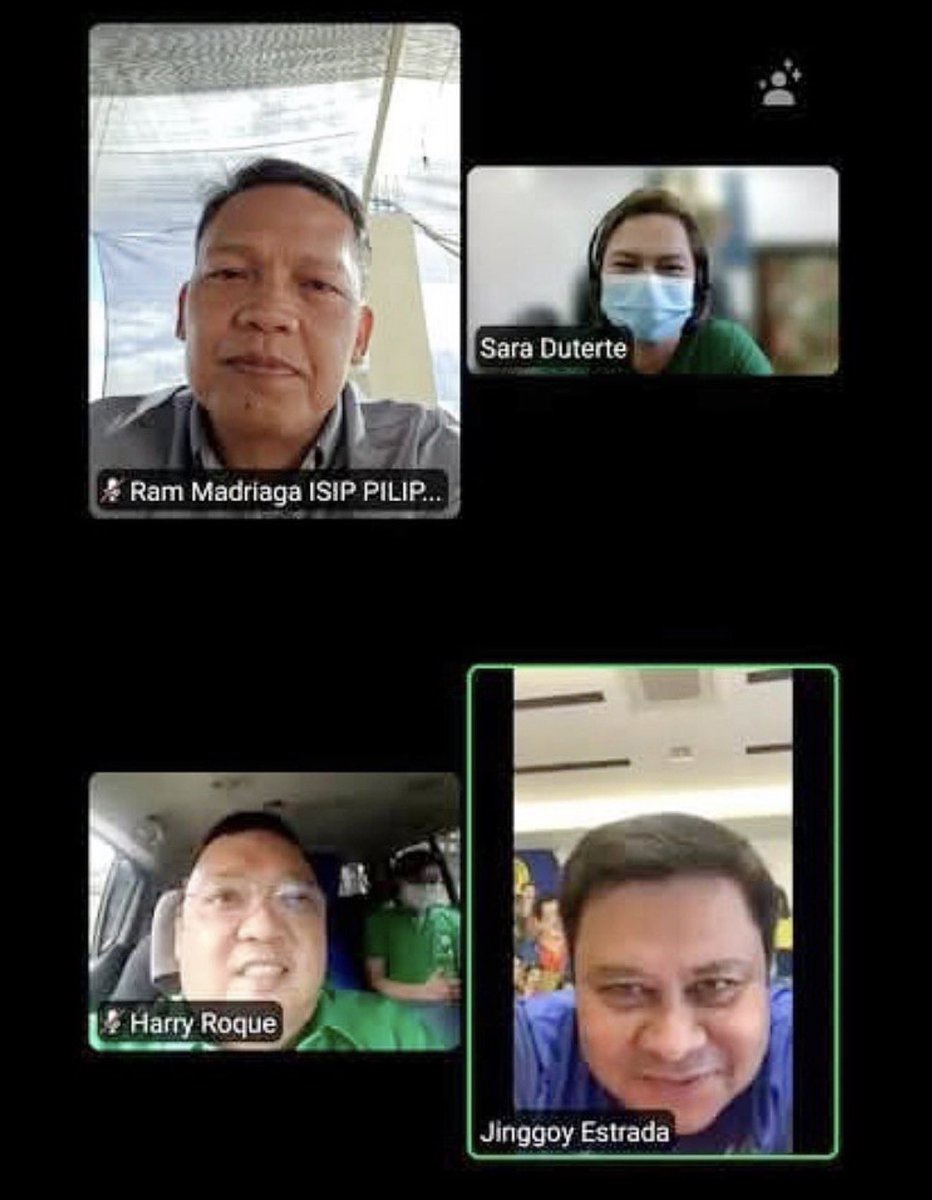 Eto na….ako na maglalabas…
Screenshot ng videocall nina, 
RAM MADRIAGA ISIP PILIPINAS
SARA DUTERTE
HARRY ROQUE
and 
SENATOR JINGGOY ESTRADA….
Bakit kasama nila si Ka Ramil Madriaga sa isang video call para pabulaanan ni Sara Duterte na hindi niya kilala si Ka Ramil Madriaga at