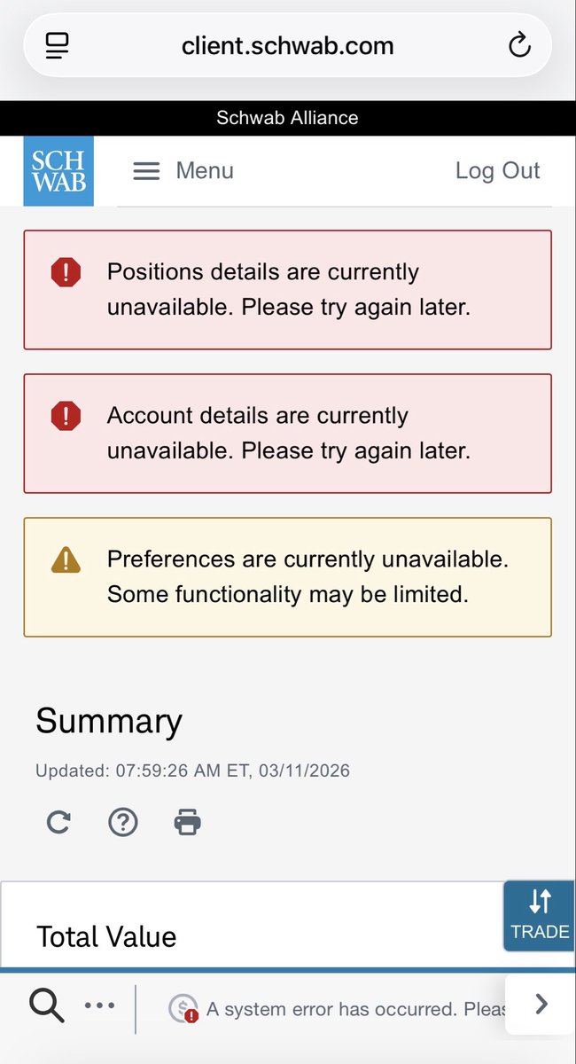 allensullivan's tweet photo. @CharlesSchwab what is going on? Three days of this nonsense, trouble with the app and the website https://t.co/nHgMNcUkOl