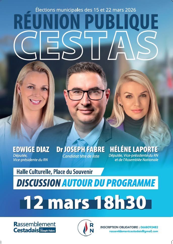 HeleneLaporteRN's tweet photo. 🇫🇷 Ce jeudi, je serai à #Cestas aux côtés de @diaz_edwige et du Dr Joseph Fabre, candidat tête de liste, lors de sa réunion publique.
📍 Halle Culturelle – Place du Souvenir
🗓️ Mercredi 12 mars – 18h30
Venez nombreux pour ce moment de discussion et de partage !
#Municipales2026
