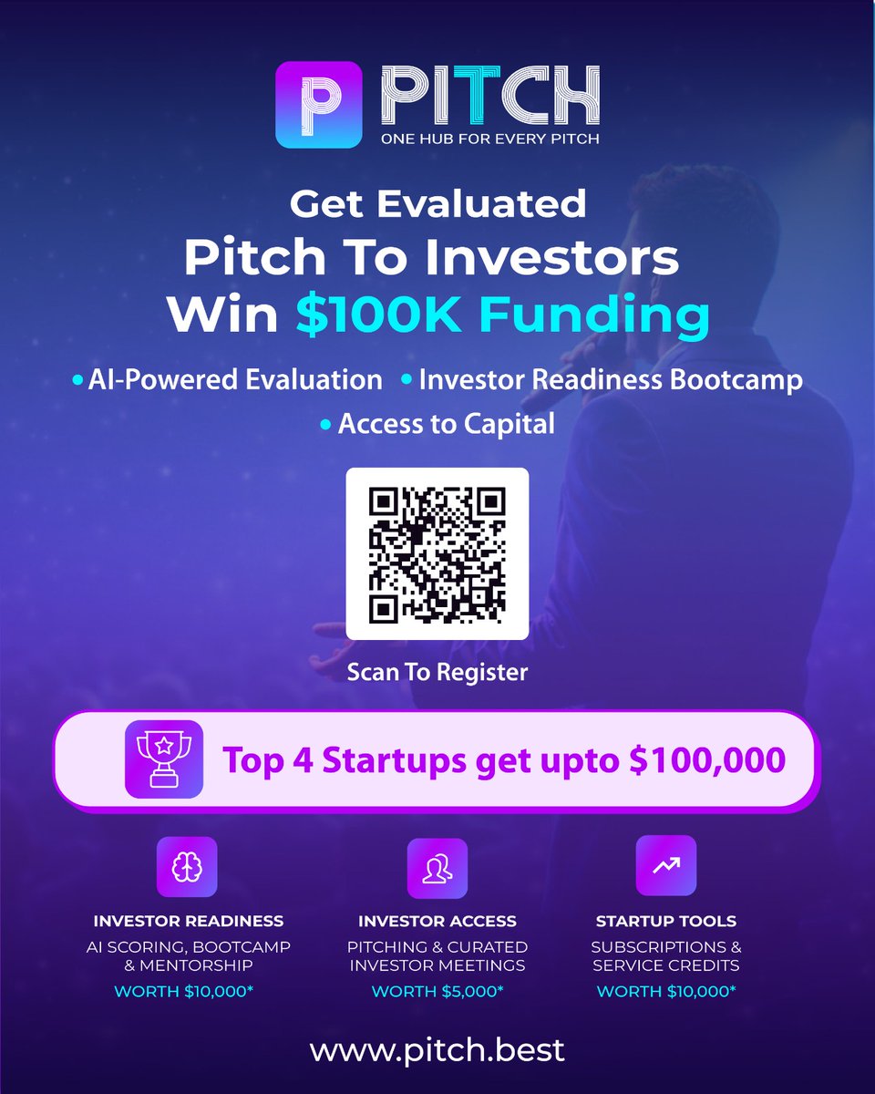 PitchXPO's tweet photo. 𝐑𝐚𝐢𝐬𝐢𝐧𝐠 𝐜𝐚𝐩𝐢𝐭𝐚𝐥 𝐢𝐬 𝐫𝐚𝐫𝐞𝐥𝐲 𝐣𝐮𝐬𝐭 𝐚𝐛𝐨𝐮𝐭 𝐡𝐚𝐯𝐢𝐧𝐠 𝐚 𝐠𝐫𝐞𝐚𝐭 𝐢𝐝𝐞𝐚.
Investors look for preparation, clarity, and founder readiness.

At Pitch, startups go through an AI-powered evaluation, investor readiness bootcamp, and curated investor access before stepping onto the global stage.

The top startups get the opportunity to win up to $100,000 in funding, along with tools, mentorship, and investor introductions.

If you're serious about building something meaningful, this might be the right place to start.

𝐒𝐭𝐚𝐫𝐭𝐮𝐩 𝐑𝐞𝐠𝐢𝐬𝐭𝐫𝐚𝐭𝐢𝐨𝐧: https://t.co/4otJu38x8X

#StartupFunding #PitchXPO #Founders #Investors #StartupDubai #StartupGrowth