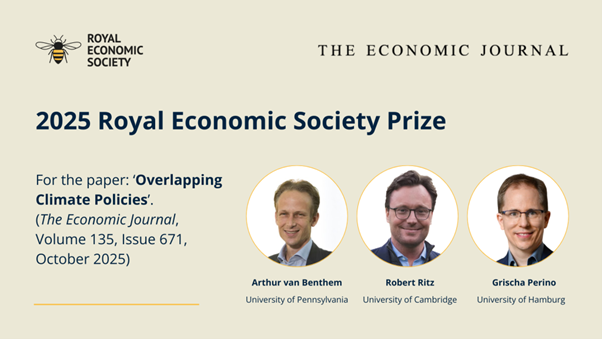 EJ_RES's tweet photo. 🏅Congratulations to @ArthurvBenthem (@Wharton), Robert Ritz (@CamEcon), &amp; Grischa Perino (@unihh) winners of the 2025 @RoyalEconSoc Prize for ‘Overlapping Climate Policies.’
Read the Prizewinning research👉https://t.co/xnV3WgBuB0
#EconTwitter @OxfordJournals https://t.co/Jn7qVHMRV7