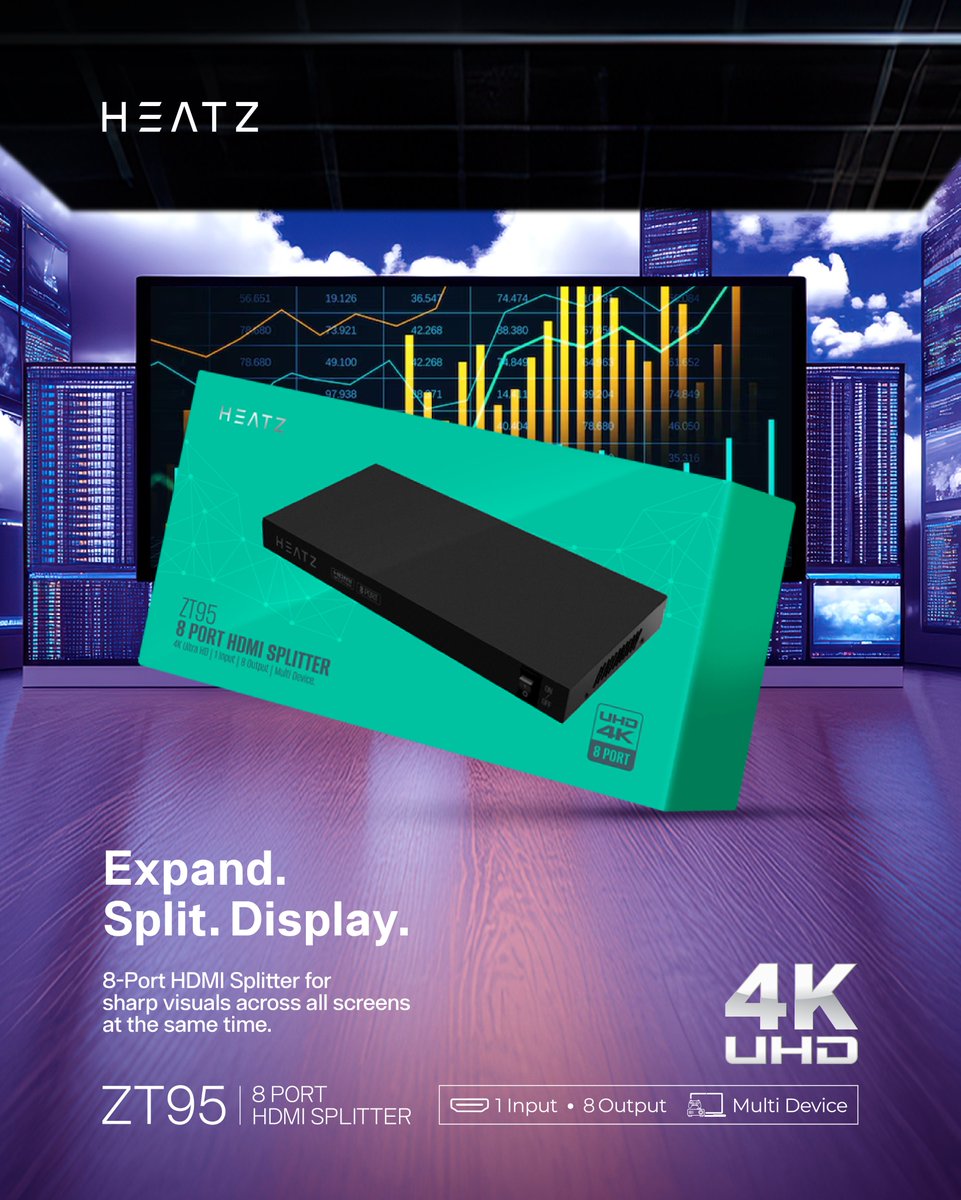 HeatzStore's tweet photo. Built for bigger displays. The Heatz ZT95 HDMI Splitter distributes sharp 4K UHD visuals to 8 screens, perfect for seamless multi-device viewing.

#Heatz #HDMISplitter #4KUHD #Gadgets #MultiScreen https://t.co/diXnN8Mtw1