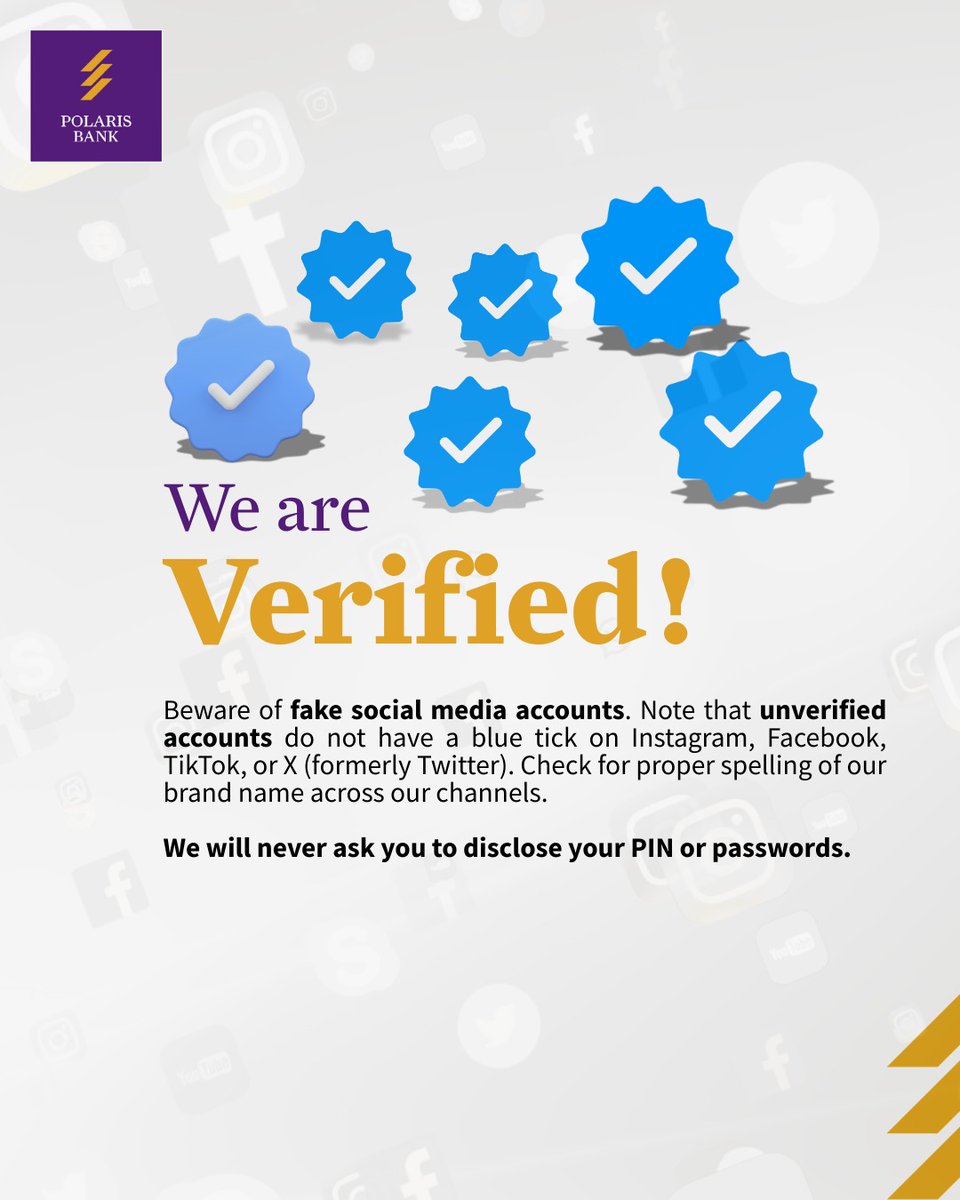 PolarisBankLtd's tweet photo. Beware of Scammers 🚨

Before engaging with any page claiming to represent Polaris Bank, always check for the verified badge. This helps you identify our official accounts and avoid fraudsters impersonating the Bank.

Important Notice:
Polaris Bank will never request your OTP, password, or personal banking details via social media.

Your security is our priority.