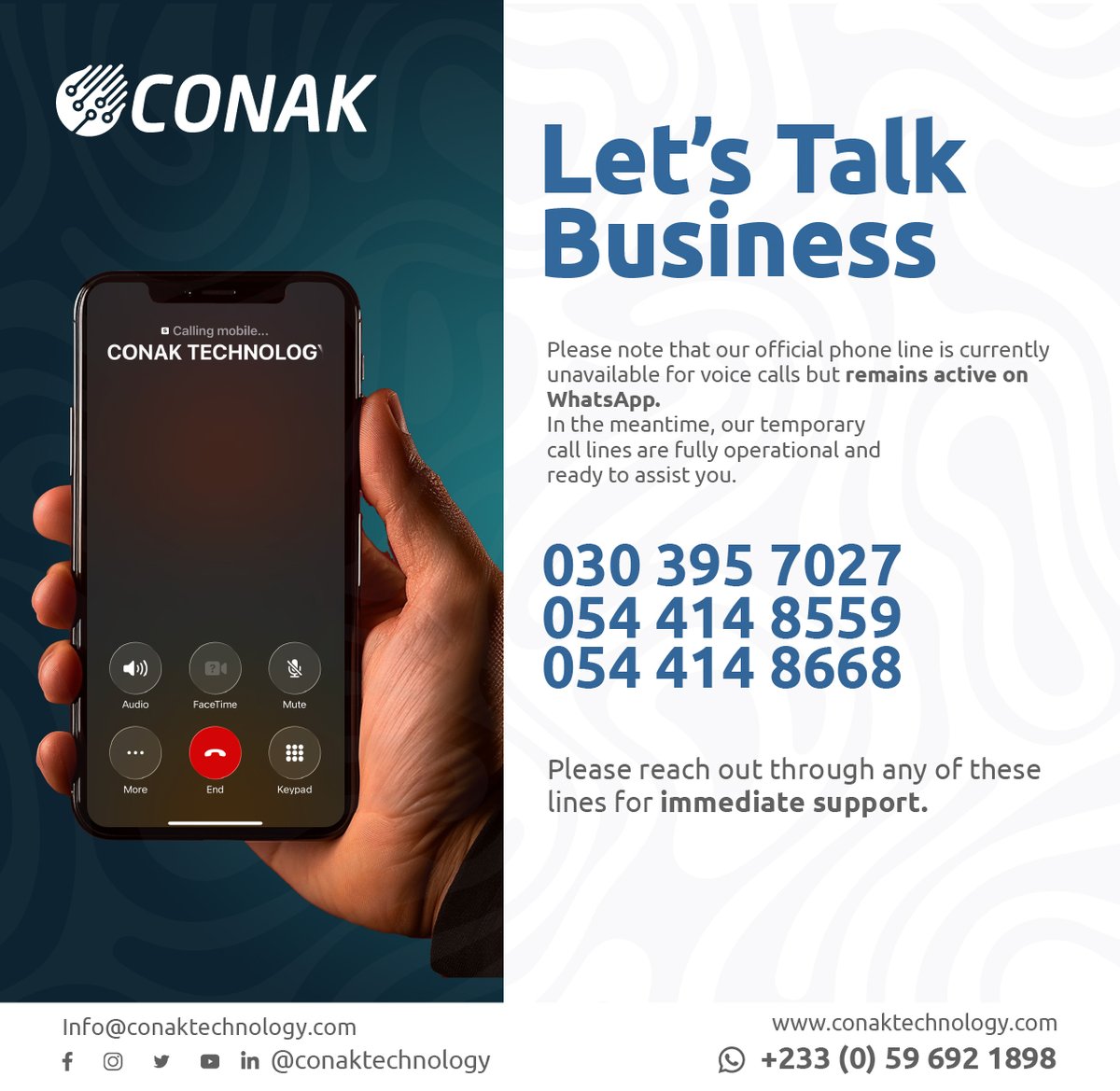 ConakTechnology's tweet photo. Our main phone line may be temporarily unavailable for voice calls, but our team is still ready to assist you through our active support lines and WhatsApp. Reach out anytime for immediate support.
#CONAKTechnology #BusinessSupport #CustomerService #TechSolutions #DigitalBusiness https://t.co/489TBpUbrl