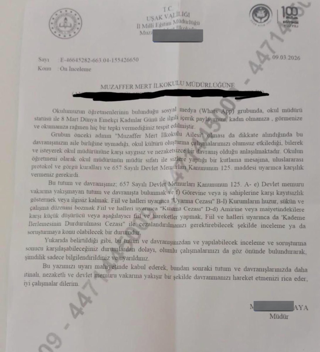 gusholderhaber's tweet photo. Okul müdürü, 8 Mart mesajını beğenmeyen 4 öğretmene resmi uyarı verip trip attı. https://t.co/2zYLU3b4ai