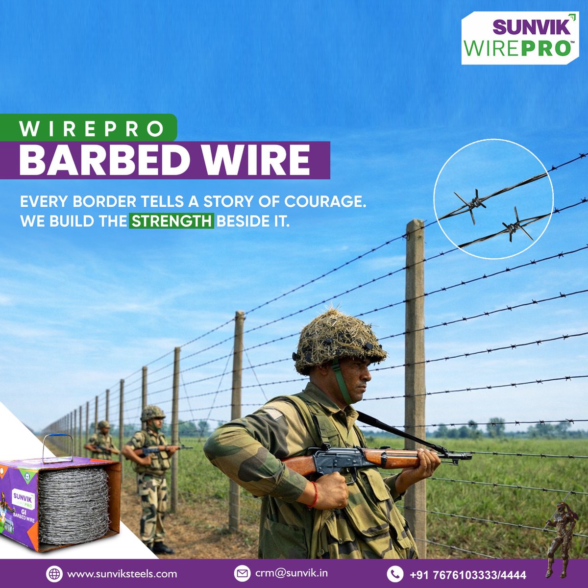 Sunvik_Steels's tweet image. At the edge of our nation stand the guardians of our freedom. Every fence, every wire, every boundary becomes stronger when built with purpose.

Sunvik WirePro Barbed Wire — Strength that protects India’s borders.

#sunviksteels #wirepro #barbedwire  #innerstrengthmatters