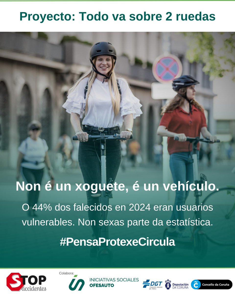 Se te moves en #VMP, lembra respectar as normas é respectarte a ti e volver a casa.
Todo vai sobre 2 rodas! Proxecto que forma parte das Iniciativas Sociais <a href="/OFESAUTO/">isOFESAUTO</a>
#AulasActivas #PiensaProtegeCircula #ObjetivoCero <a href="/DGTes/">Dir. Gral. Tráfico</a> <a href="/DACCultura/">Cultura Depu. Coruña</a> <a href="/ConcelloCoruna/">Concello da Coruña</a>