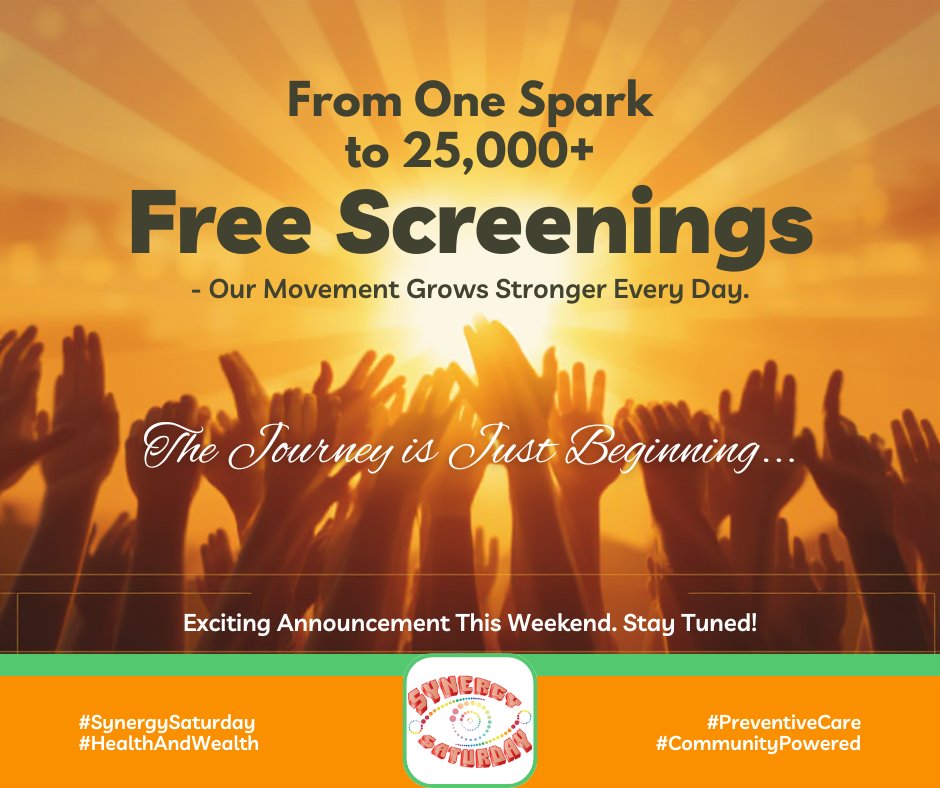 SynergySaturday's tweet photo. What started as a small idea has now helped deliver 25,000+ preventive health screenings to our neighbors.

And the journey is just beginning.

This weekend, we’ll be sharing something exciting that helps tell the story of what this community has built together.

Stay tuned. https://t.co/LA7w8Itcty