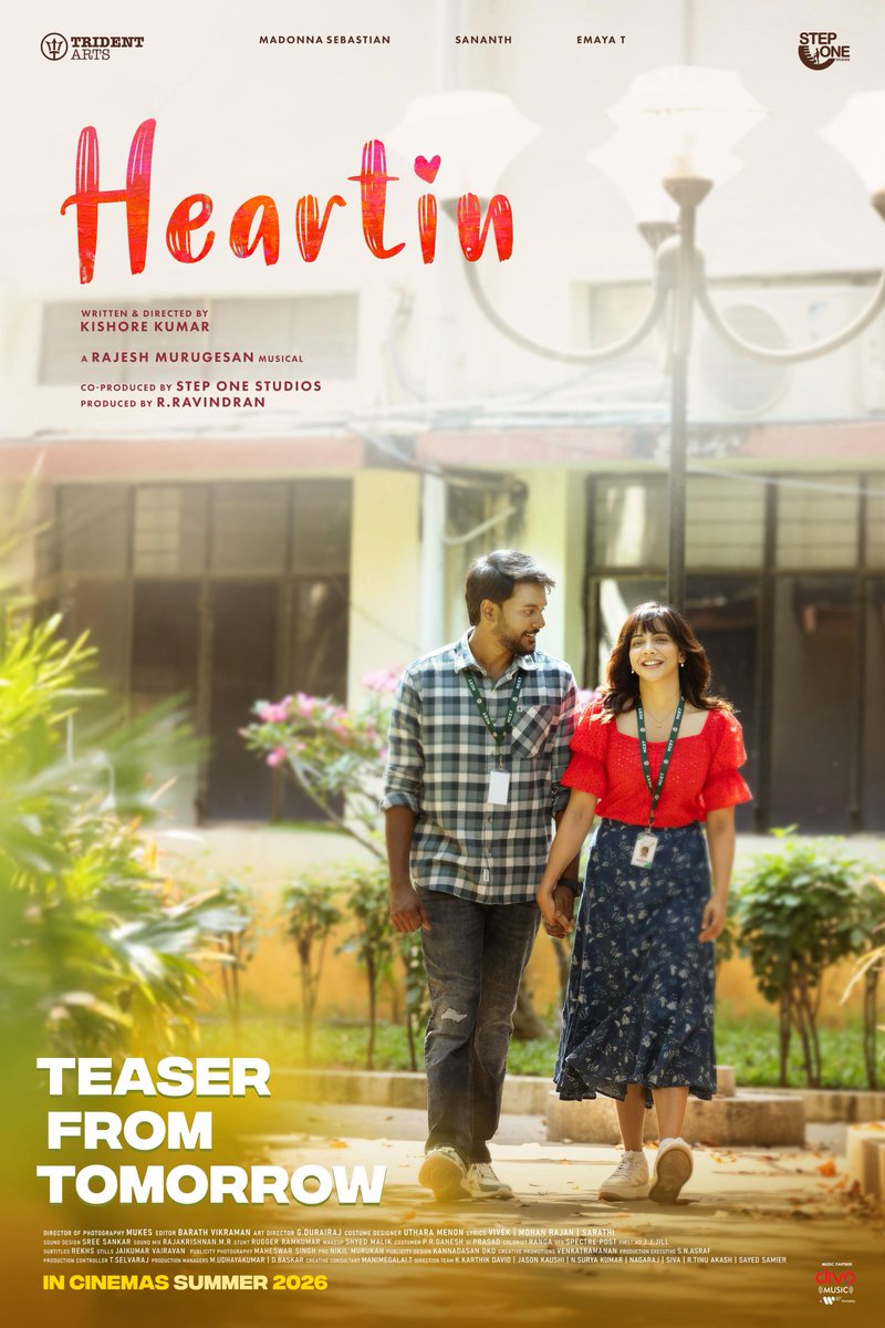 moviedot01's tweet photo. #Heartin TEASER FROM TOMORROW π₯³β€οΈβπ₯
In cinemas This Summer !!π₯³πΊ
Written & Directed by @kishoredir π¬
A @RajeshMRadio Musical πΆ
@sananth__ @madonnasebast14 @emayaing @mukes47 @Debnita_Kar @barathvikraman @gdurairaj10 @tridentartsoffl #RRavindran #StepOneStudios @divomovies https://t.co/V9gQDdlKpx
