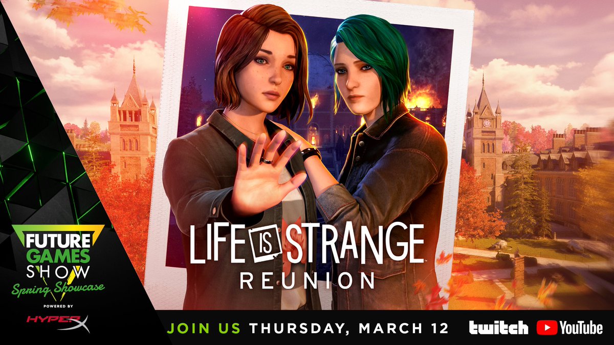 LifeIsStrange's tweet photo. Make sure to tune into the @FutureGamesShow  tomorrow at 1pm PT / 4pm ET / 8pm GMT 🎮

We will be showcasing a first look at an exclusive clip of Life is Strange: Reunion.

And there'll be tons of other fab games too!

Watch here:
🟣 https://t.co/kG7rZ1gjYE
🔴 https://t.co/hSaxsiOfP2