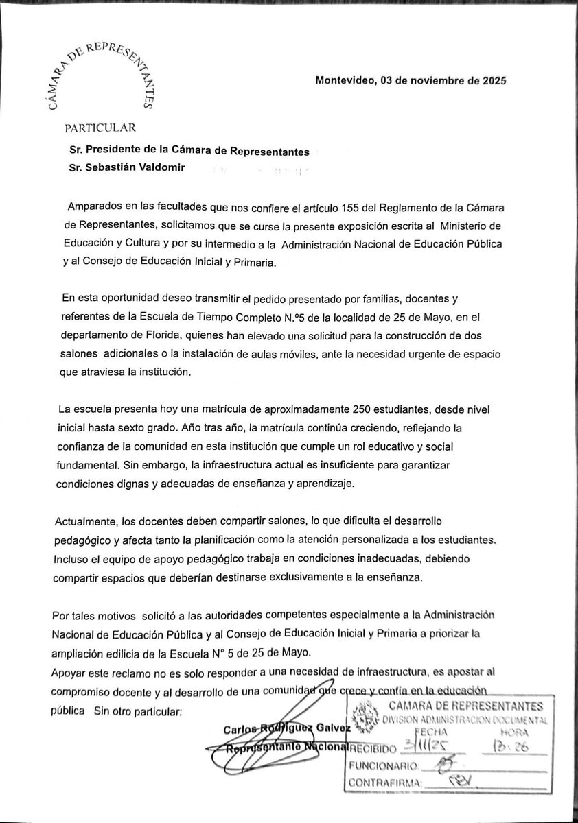 🔹A fines del año pasado recibimos el planteo de familias y docentes de la Escuela de Tiempo Completo N.º 5 de 25 de Mayo, en Florida, ante la falta de espacio para el desarrollo de las clases.