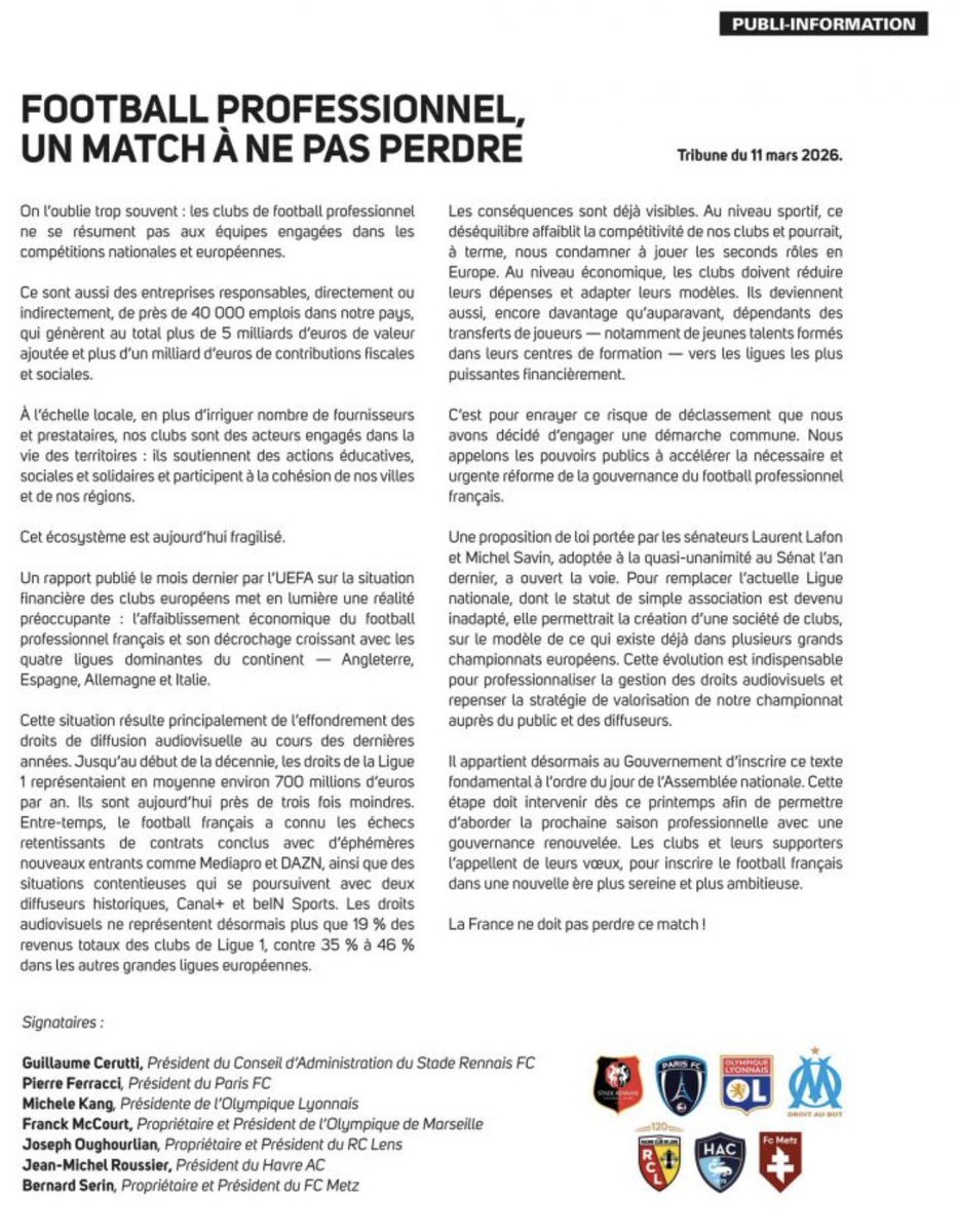 La_Minute_Foot's tweet photo. 7 présidents de clubs de Ligue 1, dont ceux de l’OM et de l’OL, ont publié une tribune commune pour appeler à « une réforme urgente » du football français et de la LFP.

Ils dénoncent un modèle à bout de souffle et réclament des changements rapides dans la gouvernance, l’économie du championnat et la gestion des droits TV.