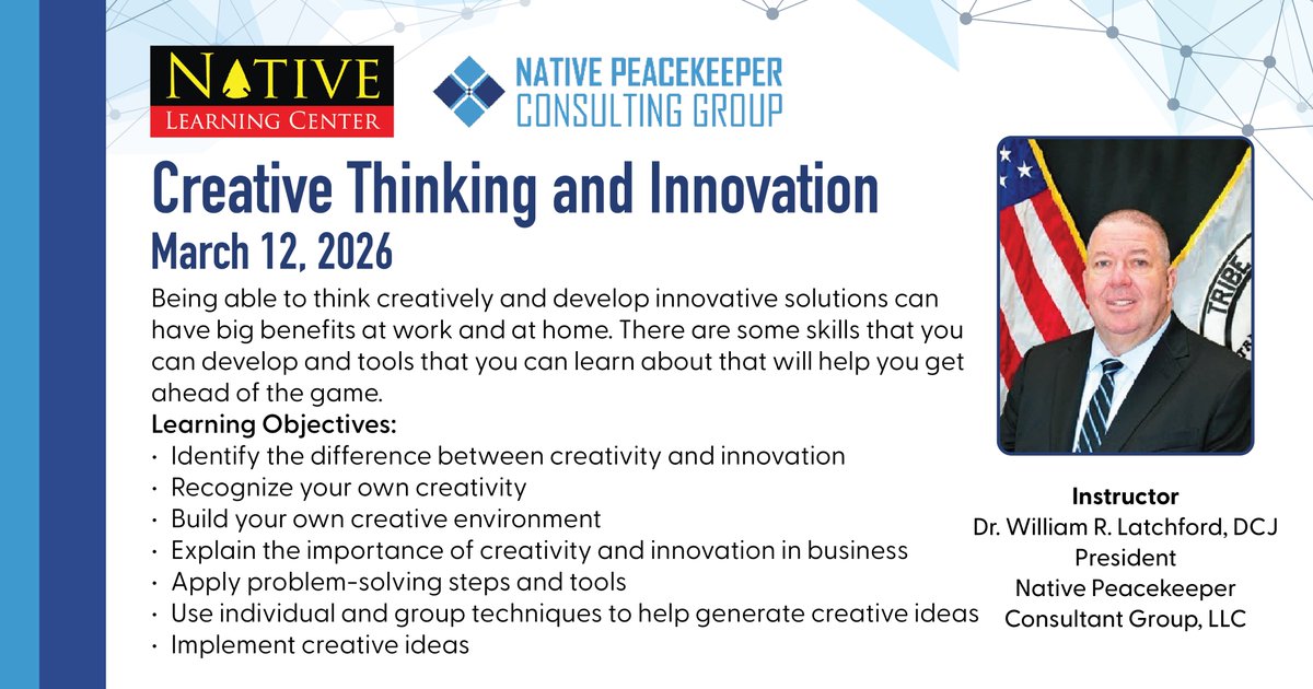 nativelearningc's tweet image. Webinar: Creative Thinking and Innovation
Date: March 12, 2026
Time: 2:00 – 3:30 pm EST

Register Here: ticketbud.com/events/295f1da…

#CreativeThinking #InnovationAtWork #ProblemSolving #BusinessGrowth #NLC #NativeLearningCenter #TribesHelpingTribes