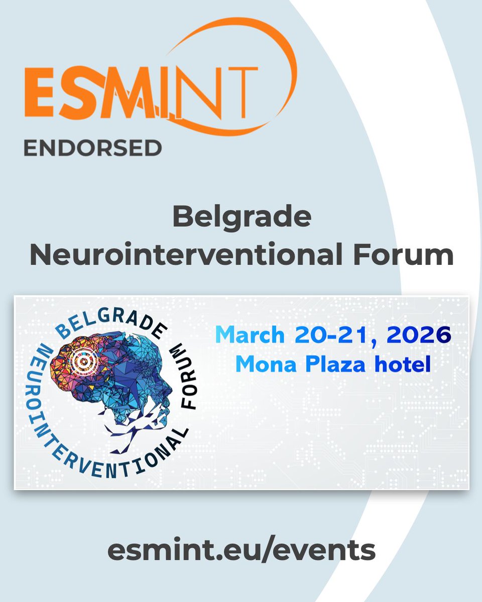 esmintsociety's tweet image. The Belgrade Neurointerventional Forum brings experts together to discuss stroke guidelines, new procedures and technical innovation in neurointervention.
Proudly endorsed by ESMINT.

📅 20–21 March 2026
📍 Belgrade, Serbia

👉 buff.ly/O0fW95h

#ESMINTendorsed #ESMINT
