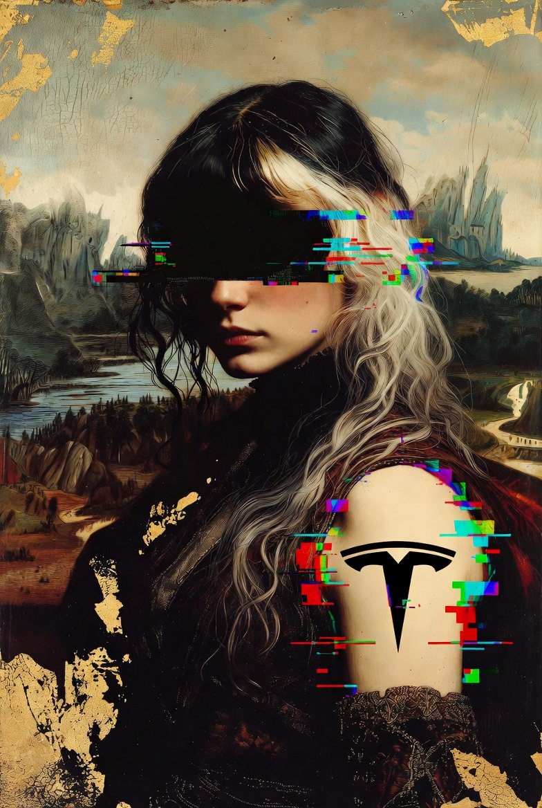 PaulyChaos's tweet image. ⚡ Mystery &amp;amp; Power.⚡

Between the romantic landscapes of the past and the glitches of tomorrow, she wears the symbol of the Tesla revolution on her skin.
A masterpiece that fuses eternity with innovation. What do you think? 🔥

#Tesla #AIArt #GlitchArt #Cyberpunk #TeslaArt