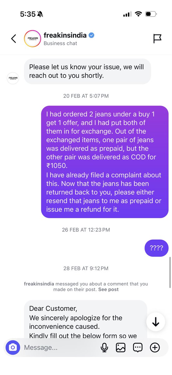 gupta771995's tweet photo. I had ordered 2 jeans under a buy 1 get 1 offer, and I had put both of them in for exchange. Out of the exchanged items, one pair of jeans was delivered as prepaid, but the other pair was delivered as COD for ₹1050.
I have already filed a complaint about this.  @FreakinsIndia https://t.co/SfVZanrUdM