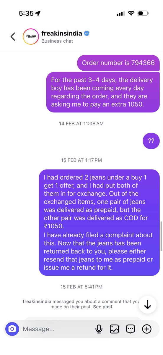 gupta771995's tweet photo. I had ordered 2 jeans under a buy 1 get 1 offer, and I had put both of them in for exchange. Out of the exchanged items, one pair of jeans was delivered as prepaid, but the other pair was delivered as COD for ₹1050.
I have already filed a complaint about this.  @FreakinsIndia https://t.co/SfVZanrUdM