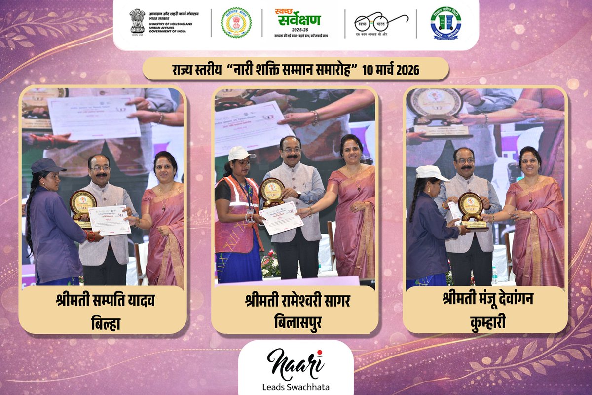 UrbanCGOfficial's tweet photo. स्वच्छता दीदियों के समर्पण व शहरी स्वच्छता में योगदान को समर्पित राज्य स्तरीय 'नारी शक्ति सम्मान समारोह' में स्वच्छता में उत्कृष्ट प्रदर्शन करने वाले शहरों का नेतृत्व कर रही स्वच्छता दीदियों को सम्मानित किया गया। इस दौरान माननीय उपमुख्यमंत्री श्री अरुण साव ने 4,000 से अधिक (1/2) https://t.co/iqd102inKu