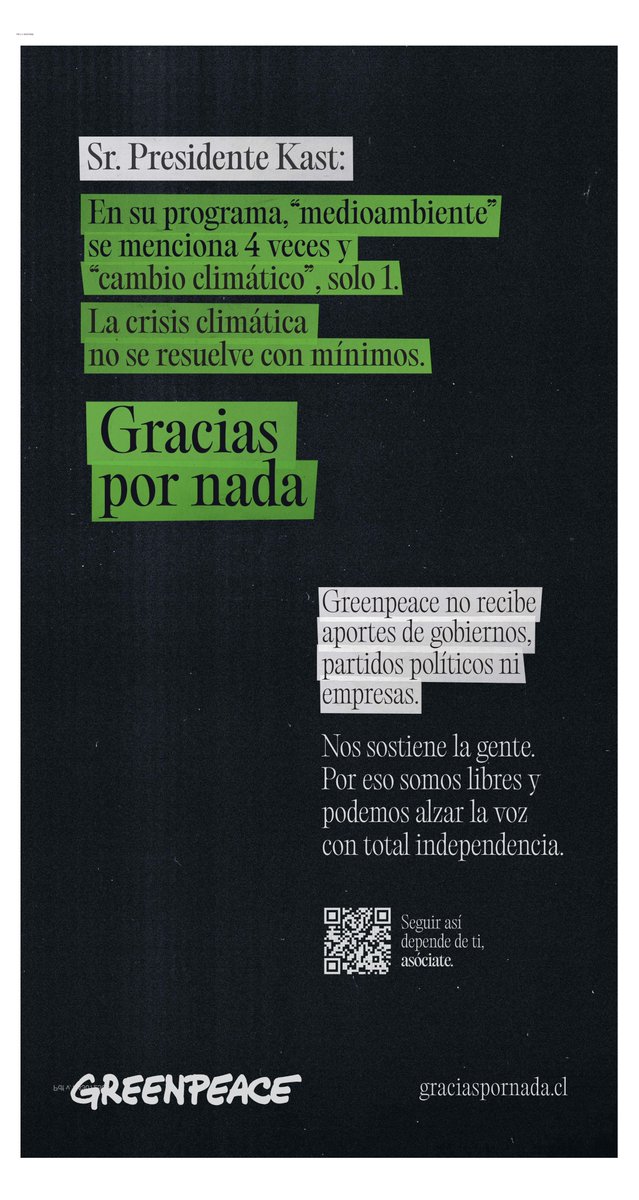 Solo las marcas realmente alternativas, como las de ONG, pueden permitirse una ‘rebeldía’ como la de Greenpeace hoy, que encara a Boric por las promesas incumplidas, y a Kast, por su perfil negacionista de la crisis climática. ¿Quién dice que la publicidad solo sirve para vender?