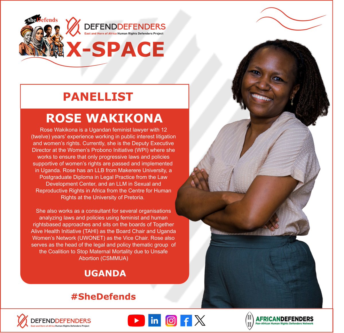 DefendDefenders's tweet photo. We are delighted to have Rose Wakikona, a feminist lawyer and also the Deputy Executive Director at the Women’s Probono Initiative, with experience in public interest litigation and women’s rights advocacy.
#SheDefends https://t.co/UicBxSPotW