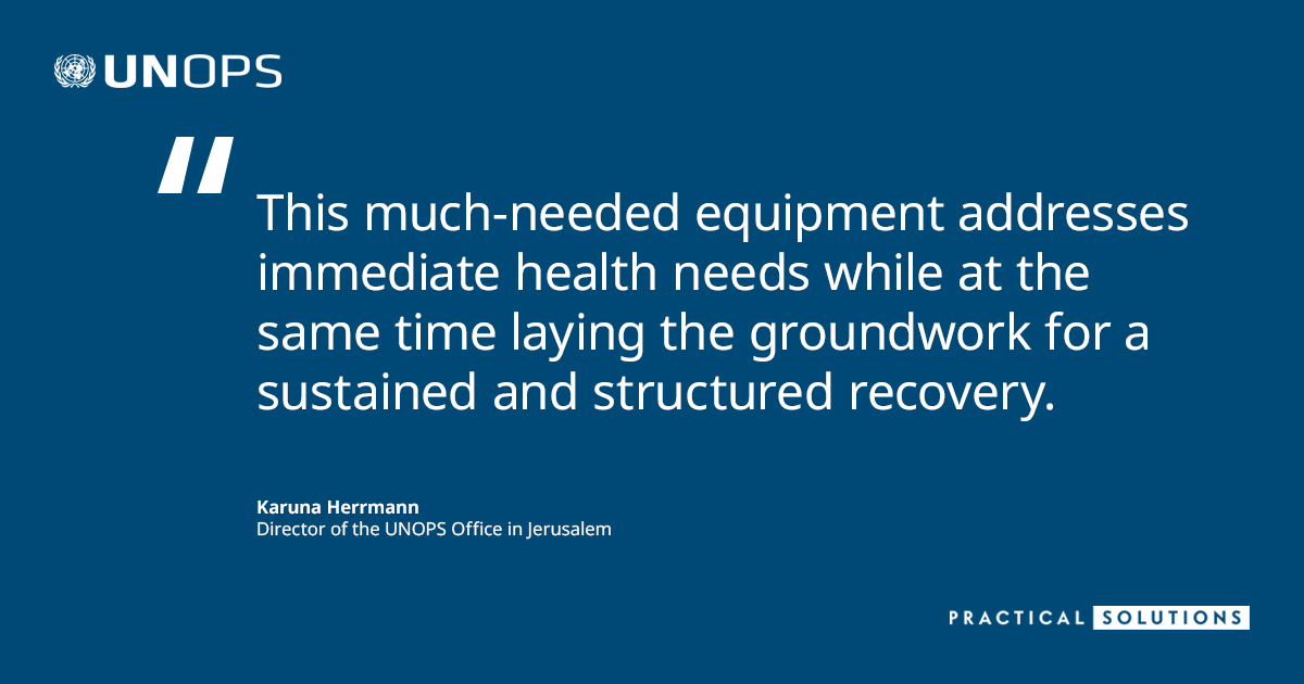 UNOPS's tweet image. For Palestinians in #Gaza &amp;amp; the #WestBank, years of conflict have led to limited access to life-saving healthcare, unreliable water sources &amp;amp; growing public health risks.

In partnership with @JICA_Direct_en, @UNOPS_Palestine is working to restore essential services – rebuilding
