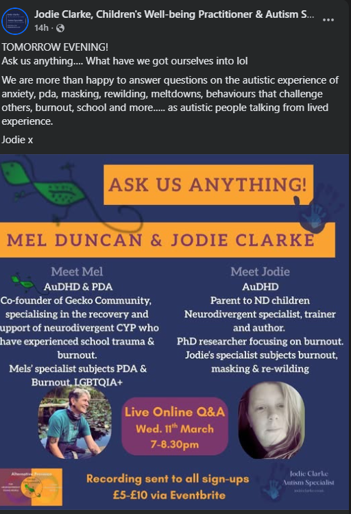 PDAPrismCat's tweet photo. @DudeAdhd @naomicfisher The great Jodie Clarke is offering an alternative tonight - Tickets between £5-£10. Highly recommend. https://t.co/Khn97gqf4p