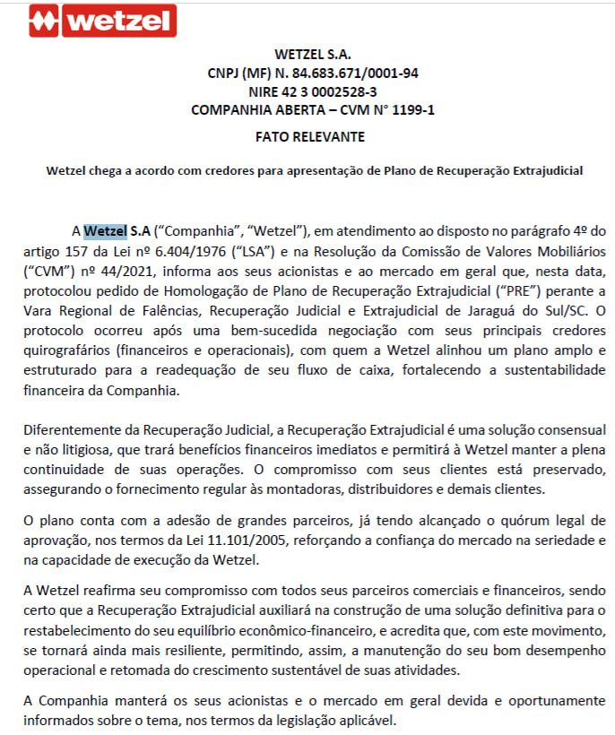 traderdocerrado's tweet photo. #Wetzel #MWET3 #MWET4 

🚨Recuperações Extrajudiciais abrem o ano a todo vapor. Após $GPA (#PCAR3) e $Raizen  (#RAIZ4), agora chegou a vez da WETZEL

Quem será a próxima?👀