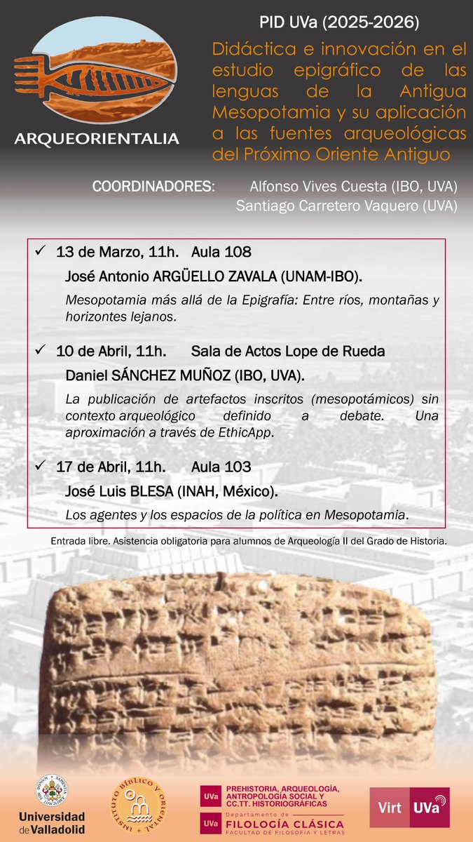 FyL_UVa's tweet photo. 🏺📜 El PID Arqueorientalia incorpora al alumnado de Arqueología II al estudio de las lenguas sumeria y acadia, hasta ahora ausente en las universidades de Castilla y León. Primera iniciativa docente en la región sobre estas lenguas y su escritura cuneiforme. https://t.co/4ebKh8l9dw