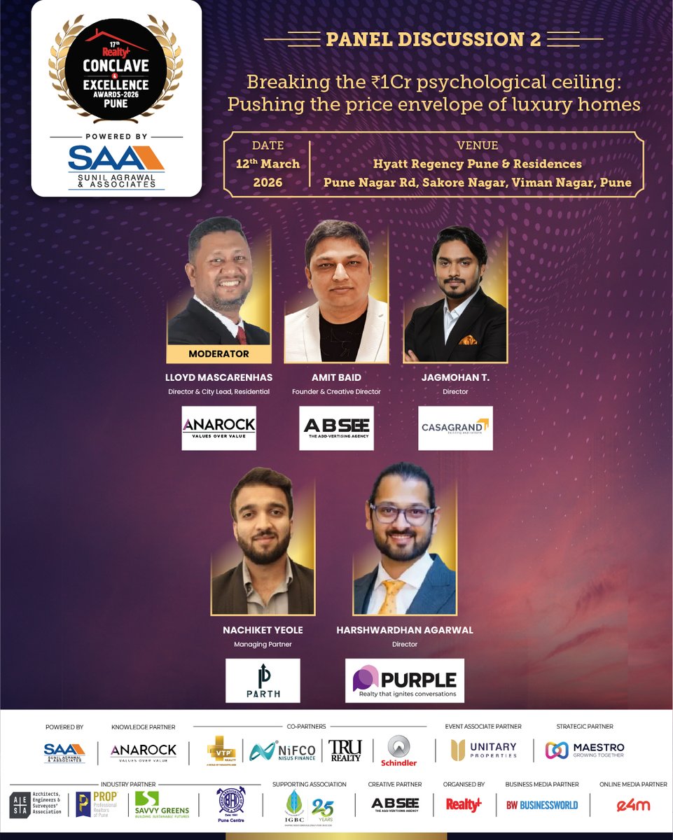 DevelopersParth's tweet photo. Nachiket Yeole, Managing Partner, Parth Developer, will be speaking at the 17th Realty+ Conclave & Excellence Awards 2026 – Pune.
📅 12 Mar 2026 | 📍 Hyatt Pune
Register: https://t.co/vawzV1HeuQ
Twitter: @RPRealtyPlus
#PuneRealEstate #RealEstateConclave #ParthDeveloper https://t.co/5gCr4YuheE