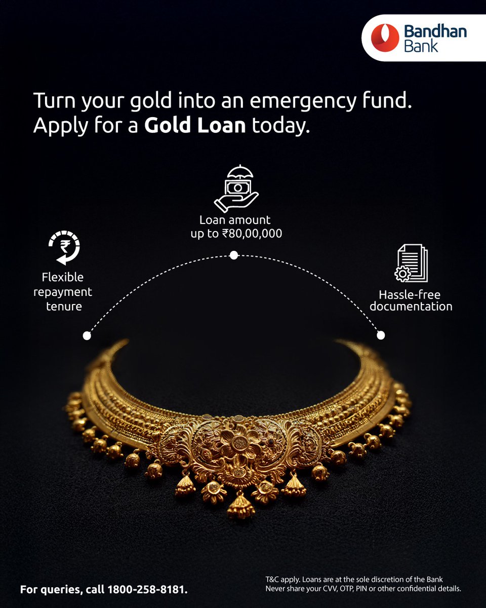 That jewellery set passed down through generations is not just tradition. It is your safety net. A quick loan, complete transparency, and it returns to you exactly as you left it. Apply for a Bandhan Bank Gold Loan.

Learn more: bandhan.bank.in/personal/gold-…
Locate a branch: