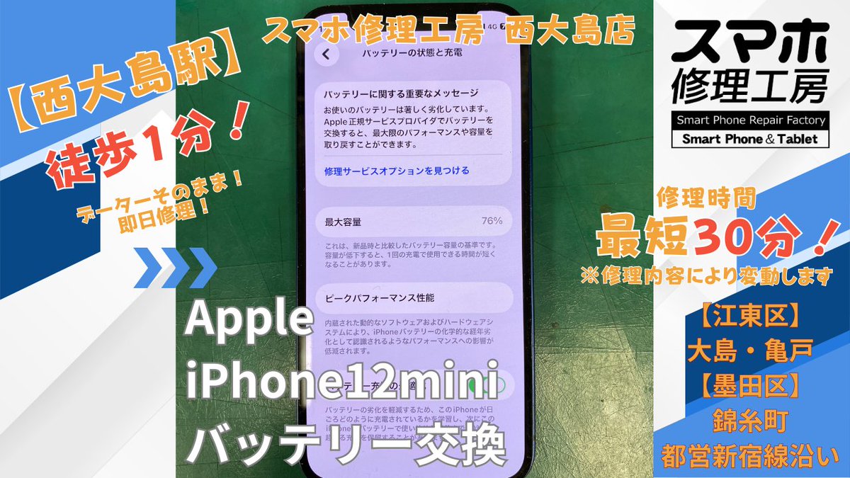 iPhone_ojima's tweet photo. 【iPhone12mini バッテリー交換】 電池の減りが早い。これって買替？ その症状、バッテリー交換で安く直ります！買替の前にまずはご相談ください。 西大島駅 徒歩1分！ データそのまま修理対応 最短120分～  #iPhone修理 #iPhone12mini #バッテリー交換 #西大島 #亀戸 #錦糸町 #江東区 #予約不要 https://t.co/3esiGOQS2V