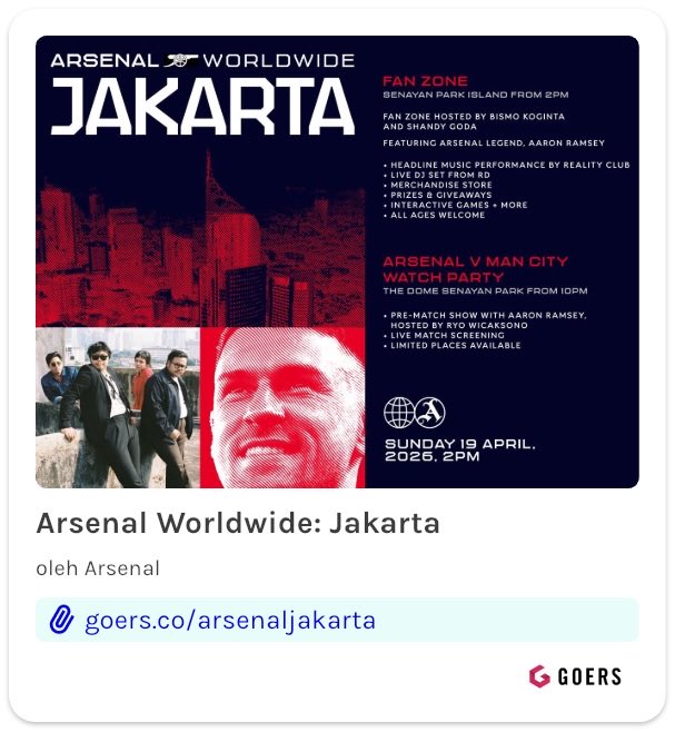 maxdowmanID's tweet photo. Aku udah dapet tiketnya ✨Arsenal Worldwide: Jakarta✨.
Yuk, beli tiketmu sekarang di Goers app!
https://t.co/OnO1fkxh7c
#GoersApp #yukpergi via @GoersApp https://t.co/dA9IT5CfJX
