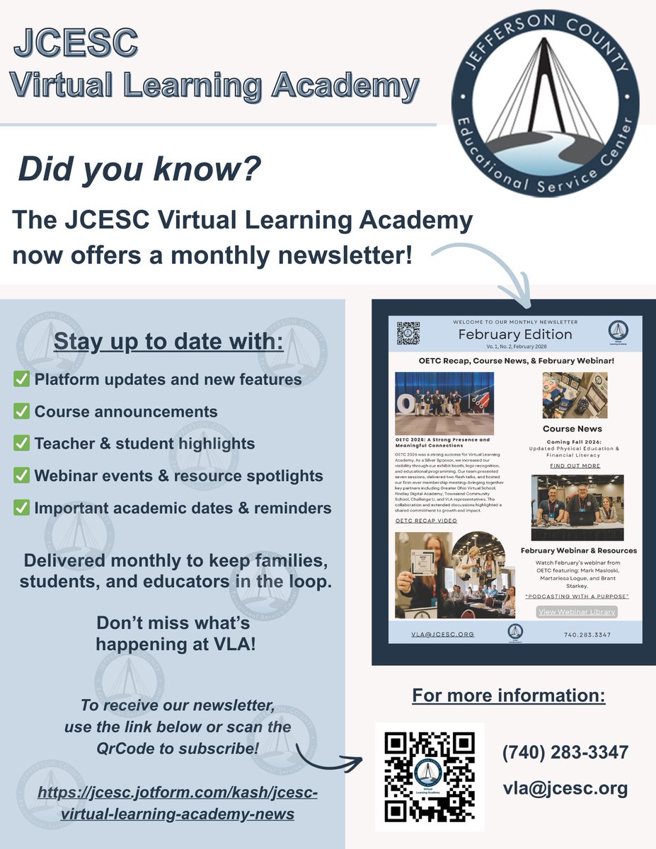 JCESC_VLA's tweet photo. 📢Stay in the loop with the JCESC Virtual Learning Academy!

✨Now offering a monthly newsletter✨

Don’t miss what’s happening at VLA! Subscribe today using the link or scan the QR code to get updates delivered straight to your inbox! 📩

#jcesc #Virtuallearningacademy #VLA https://t.co/c74MAqKXGC