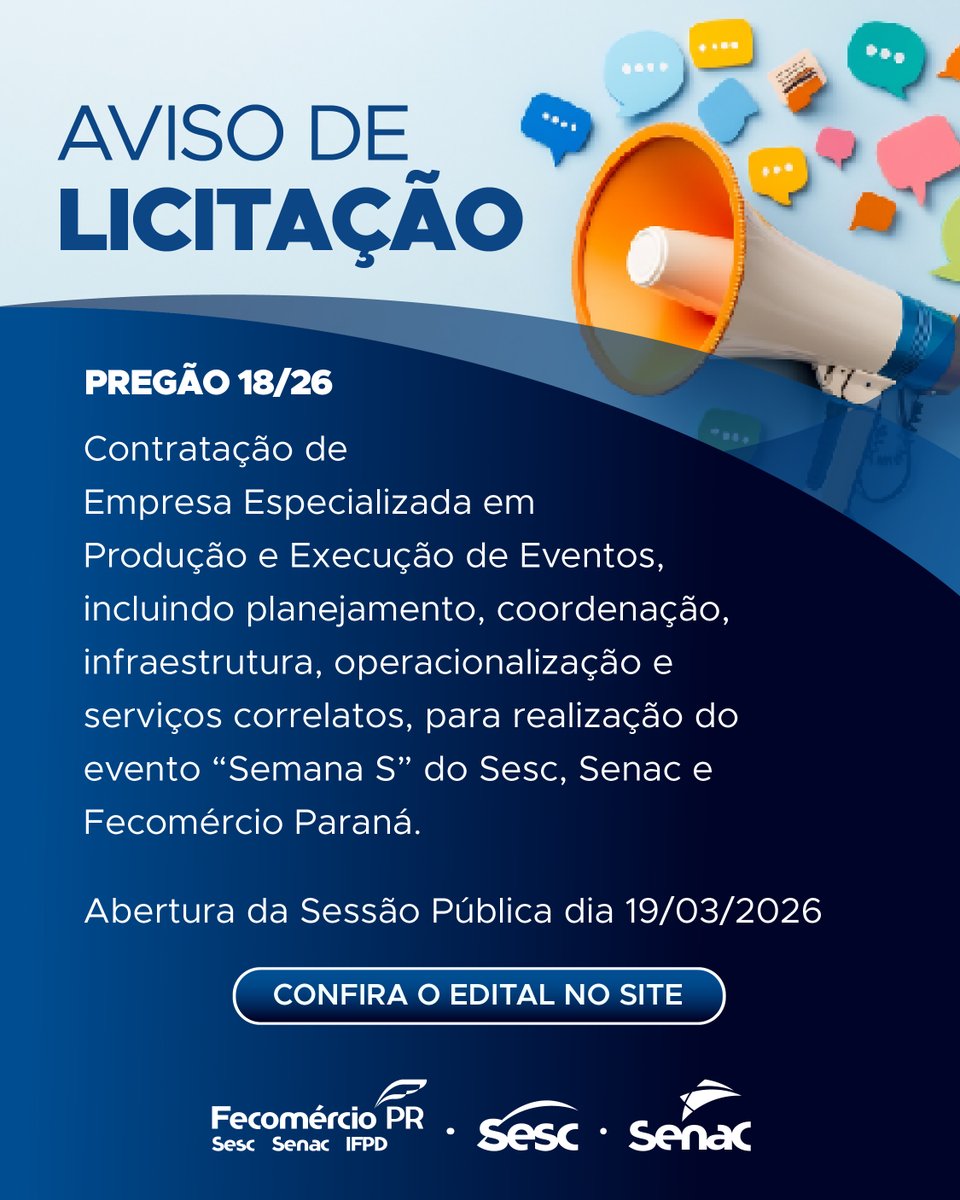 📢 Nova licitação aberta!
Empresas interessadas já podem conferir todos os detalhes no edital.
🔎 Acesse e saiba mais: sescpr.com.br/licitacoes/
#SistemaFecomércioPR #SescPR #SenacPR #Licitação #SemanaS #Eventos
