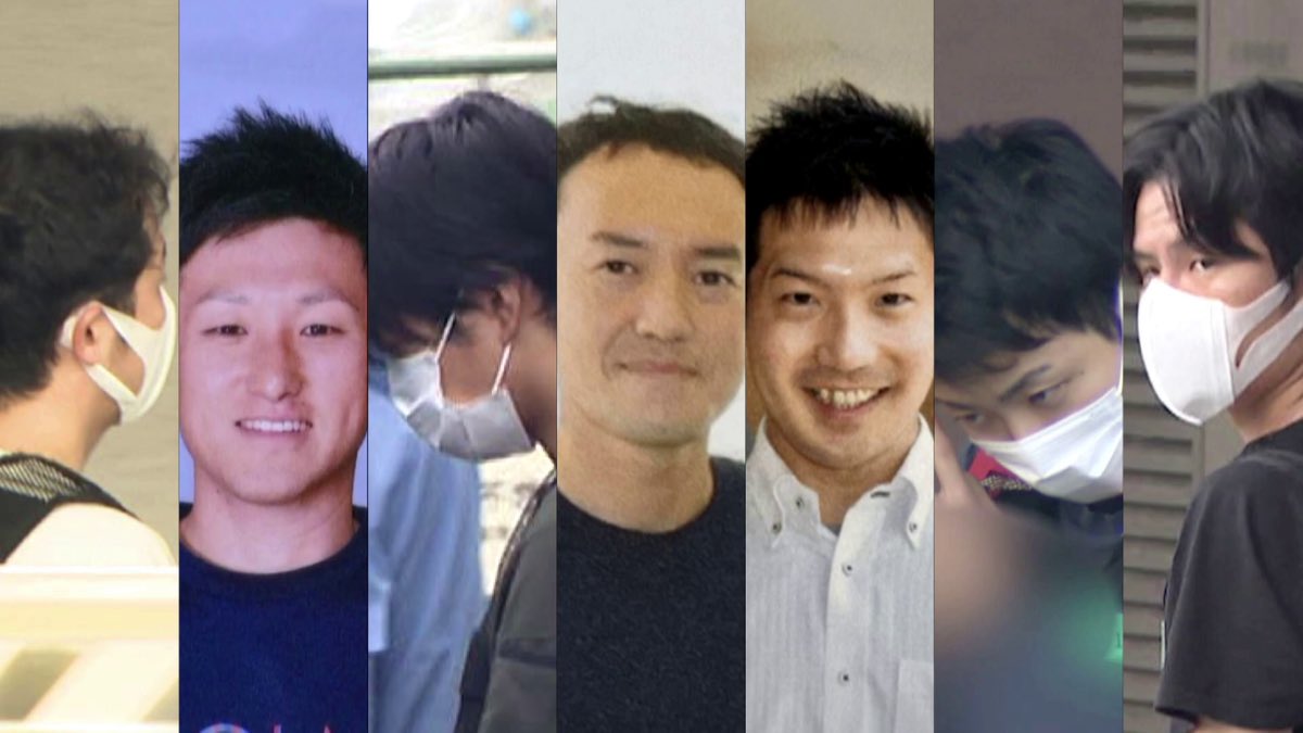 【全国各地に勤務する現役教員７人が逮捕】
名古屋市の小学校教諭　水藤翔太被告（３４）
横浜市の小学校教諭　小瀬村史也被告（３７）
名古屋市の小学校教諭　森山勇二被告（４２）
神奈川県の中学校教諭　石川勝也被告（２８）
北海道の中学校教諭　柘野啓輔被告（４１）
東京都の小学校教諭