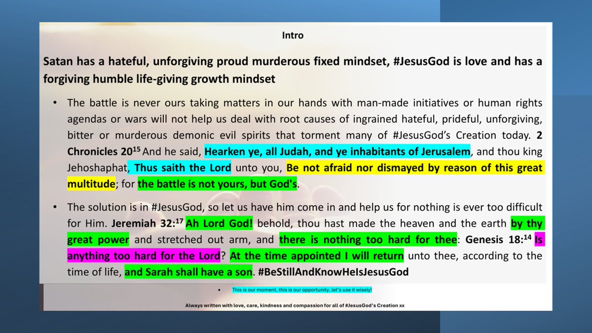 lilian_chiwera's tweet image. Satan has a hateful, unforgiving, proud, murderous fixed mindset, #JesusGod is love &amp;amp; has a long-suffering forgiving humble life-giving growth mindset.
The battle is never ours taking matters in our hands with man-made initiatives or human rights agendas or wars will not help..1/