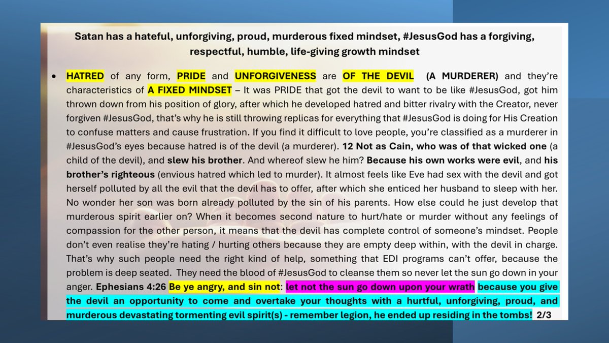 lilian_chiwera's tweet image. Satan has a hateful, unforgiving, proud, murderous fixed mindset, #JesusGod is love &amp;amp; has a long-suffering forgiving humble life-giving growth mindset.
The battle is never ours taking matters in our hands with man-made initiatives or human rights agendas or wars will not help..1/