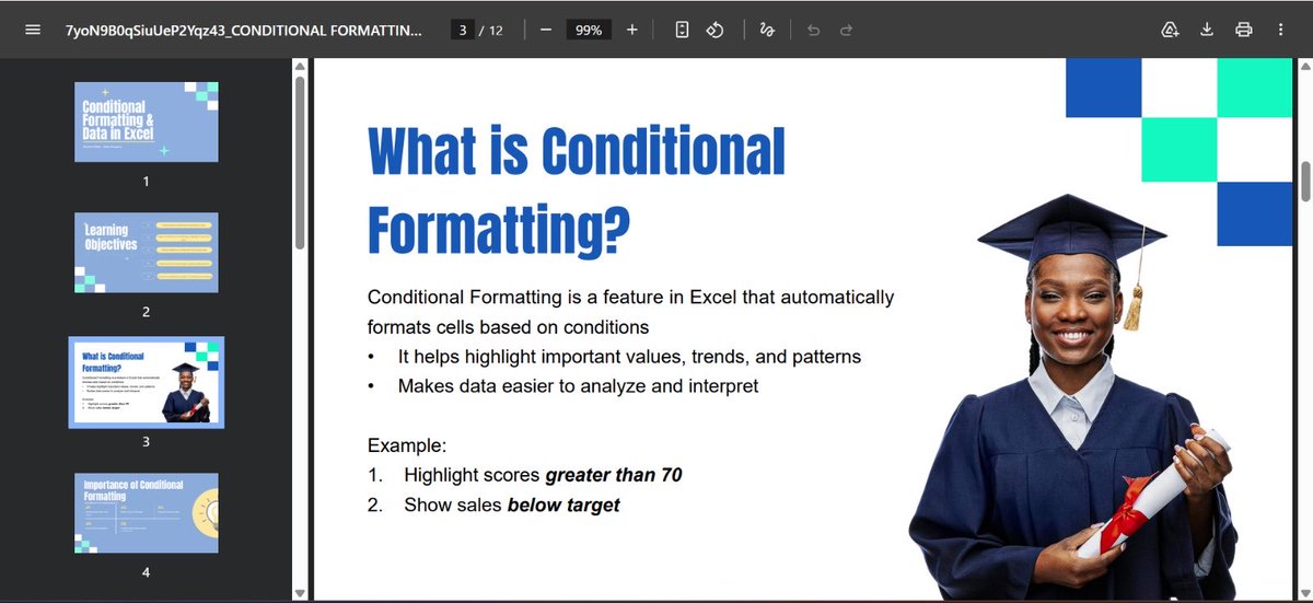 dicta_andy's tweet photo. Slides provided by our tutor @ezekiel_aleke just in time for class today ๐โฆ Countdown to 18:00pm ๐
@TechSphereAcad
#day24 #conditionalformatting #DataAnalytics #30DaysOfTech #LearningWithTS #justagirlwholikesdata๐ https://t.co/RRzsRslAkX