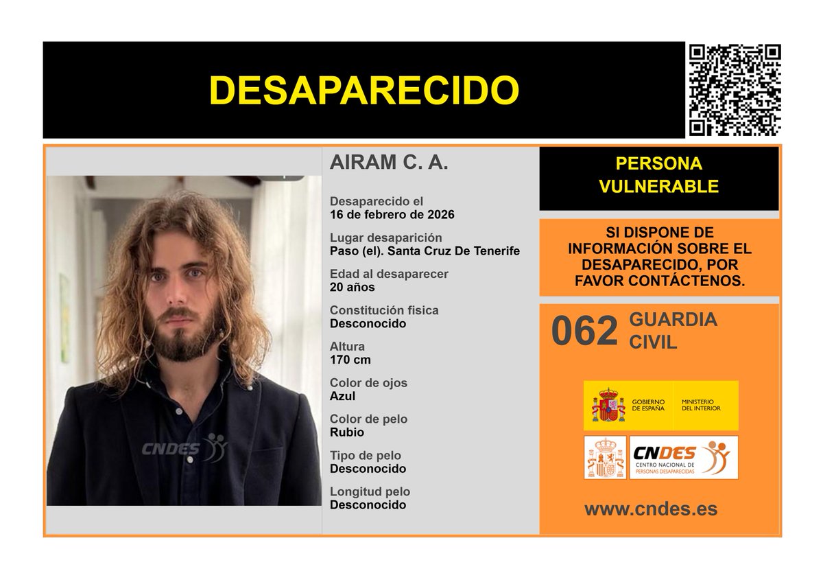 cndes_oficial's tweet photo. ⚠️🚹DESAPARECIDO🚹⚠️
Edad 20 años
🧐Última localización #LaPalma #SantaCruzdeTenerife
Ayúdanos➡️comparte📲
Si crees haberlo visto📩 https://t.co/PFtiNEo8qh
☎️062 @guardiacivil 
@cndes_oficial #adulto #desaparecido https://t.co/RtLiGhSLCr