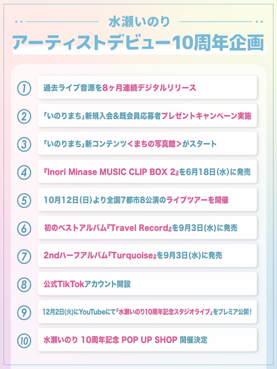 inoriminase's tweet photo. ＼₊‧⁺˖ ⊹ ₊‧ ꒰ა #水瀬いのり ໒꒱ ‧₊ ⊹ ˖⁺‧₊／
アーティストデビュー10周年企画 新情報

最後の企画解禁🎉
⑩「水瀬いのり 10周年記念 POP UP SHOP」
     開催決定！

📍開催場所：有楽町マルイ8F
🗓️開催期間：2026年7月10日（金）〜26（日）

オリジナルグッズの販売や、歴代ライブ衣装などの展示も予定しております！
続報をお楽しみに✨✨

アーティストデビュー10周年イヤー、引き続き盛り上がっていきましょう🙌🏻

🔗10周年記念特設サイト
https://t.co/YaWi1ICEg2

#水瀬いのり10周年記念POPUPSHOP 
#水瀬いのり_アーティスト10周年　
(スタッフ)