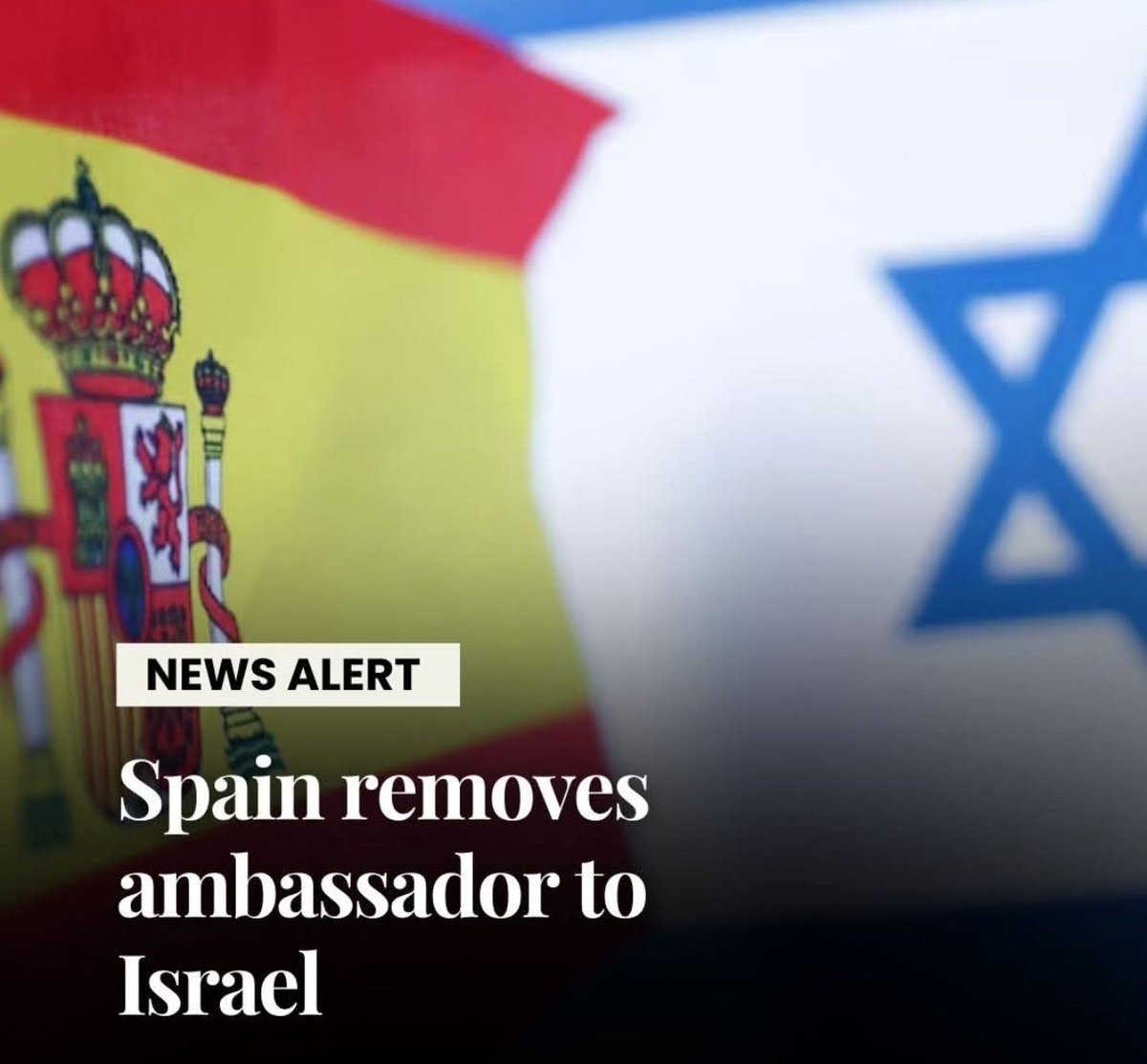 exoking10's tweet photo. 🚨Breaking:

Spain has removed its ambassador to Israel, while its embassy in Tel Aviv will be led by a charge d’affaires, Al Jazeera reports, citing official state gazette and a foreign ministry source. https://t.co/7X6iS82prG